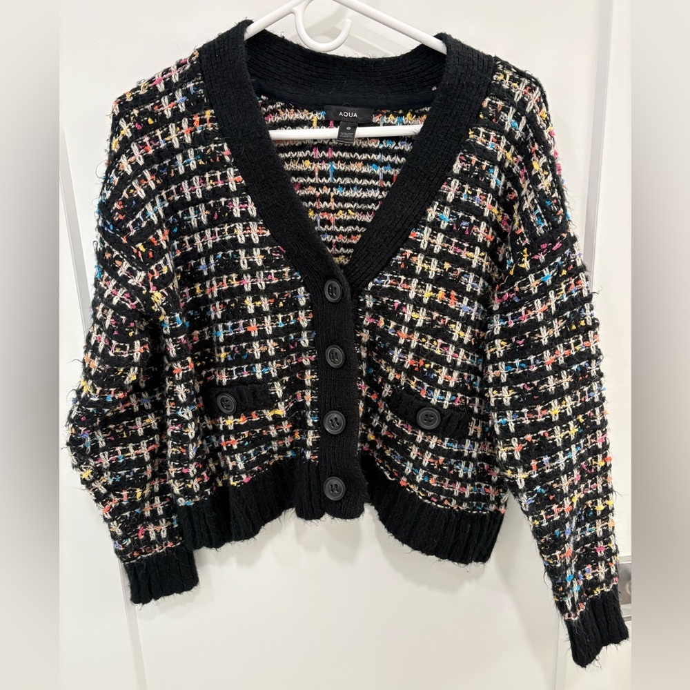 AQUA Chanel Style Tweed Knit Cardigan Size Small - Picture 2 of 12